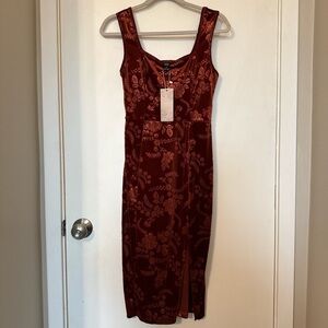 EMERY ROSE Floral Jacquard Bodycon Dress Size Small Square Neckline Rust Brown